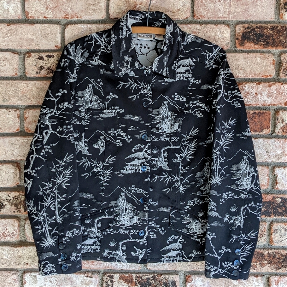 🖤 Chico's Black Embroidered Brocade East Asian Blazer Jacket Size 10